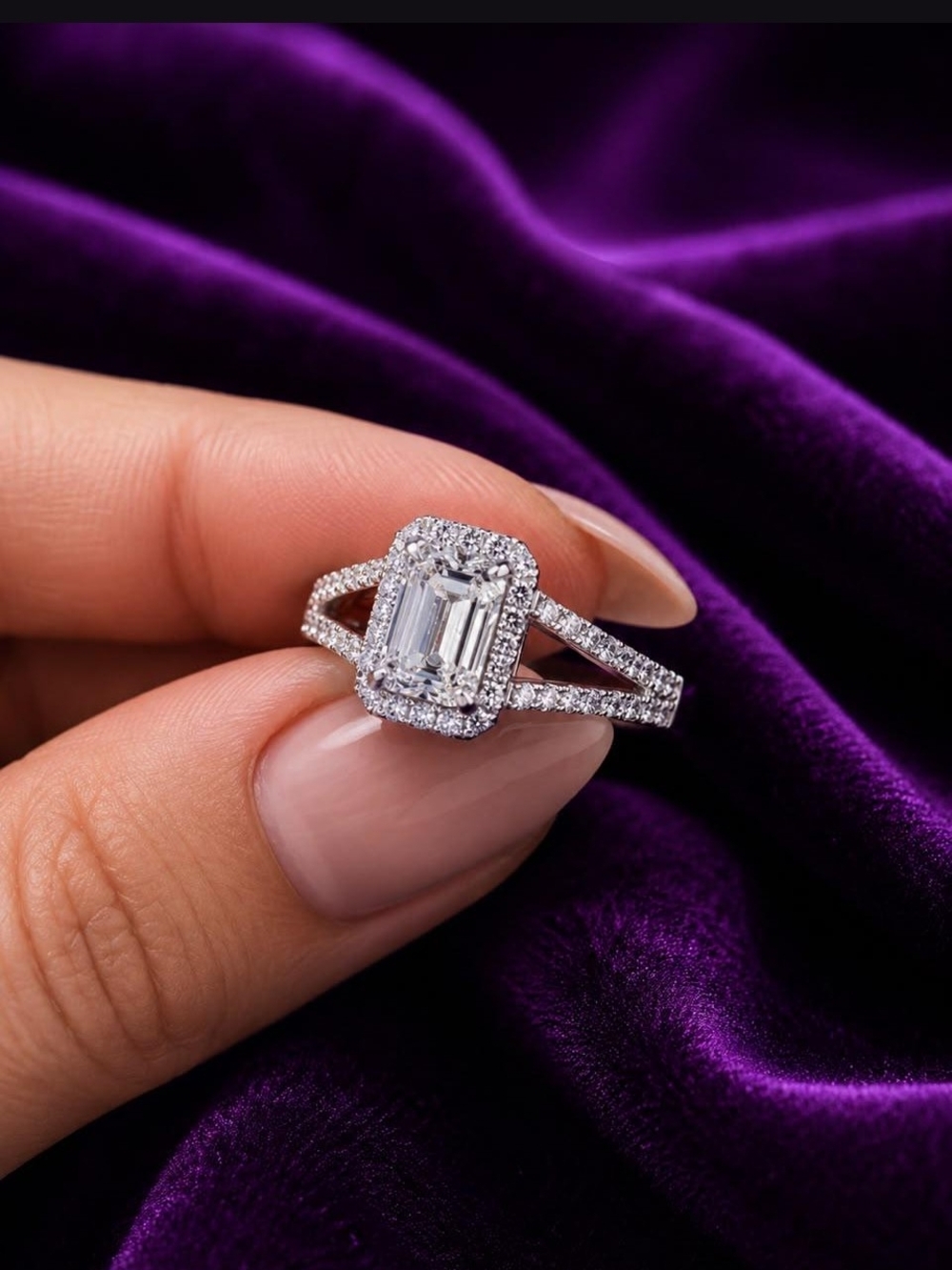 14K Gold Plated Crystal Emerald Cut Halo Split Shank Engagement Ring